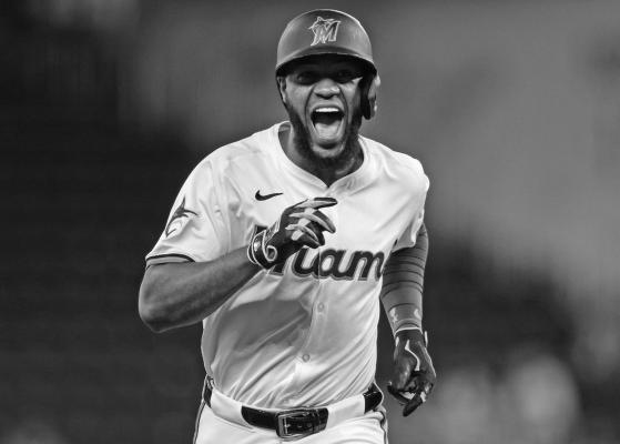 BRYAN DE La Cruz of the Miami Marlins reacts after hitting a solo home run during the first inning against the St. Louis Cardinals at loanDepot park on Wednesday, June 19, 2024, in Miami. (Carmen Mandato/Getty Images/TNS)