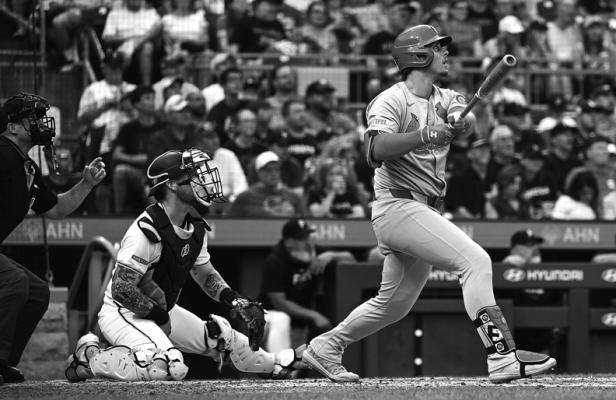 NOLAN GORMAN of the St. Louis Cardinals hits a grand slam in the fourth inning against the Pittsburgh Pirates at PNC Park on Tuesday, July 2, 2024 in Pittsburgh. (Justin Berl/Getty Images/TNS)