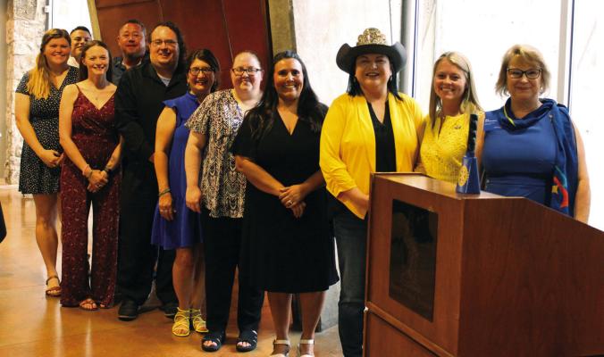 NEW OFFICERS were installed at the induction ceremony for the Ponca City Trailblazers Rotary Club. Pictured from left to right are Brandie Choate, Charles Rickman, Ashley Villines, George Davis, Calley Lamar, Kat Long, Lacey Bolling, Angela Rickman, Past President Brittany Atauvich, President Brooke Jones, and Jill Pietrusinski, Rotary Zone 31 Action Plan Champion. (Photo Provided)