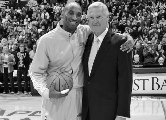 JERRY WEST had success as an executive for the Lakers. He was able to secure the draft rights to star Kobe Bryant, who was one of the top players in the NBA during his career. Here the two are together.