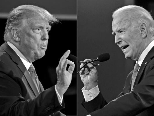 THIS COMBINATION of pictures shows then U.S. President Donald Trump and Democratic Presidential candidate and former U.S. Vice President Joe Biden during the final presidential debate at Belmont University in Nashville, Tennessee, on October 22, 2020. (Brendan Smialowski and Jim Watson/AFP via Getty Images/TNS)